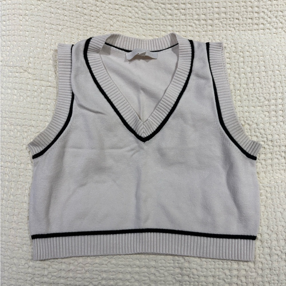 Cotton Candy White Sweater Vest with Black Trim